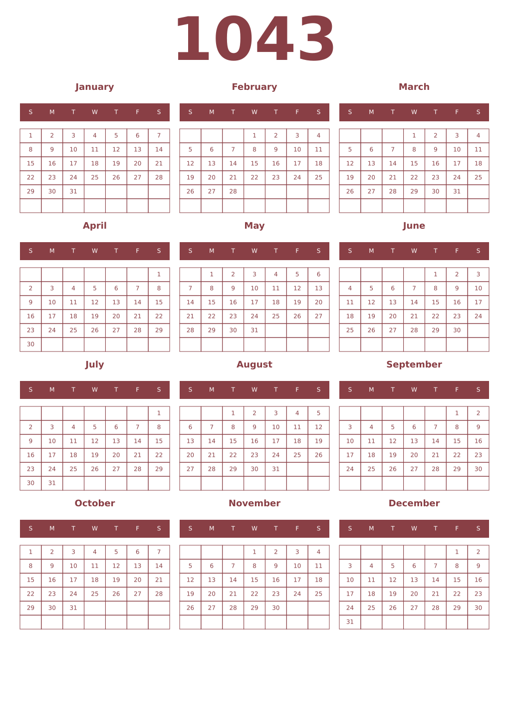 Printable 1043 Year Calendars cordovan