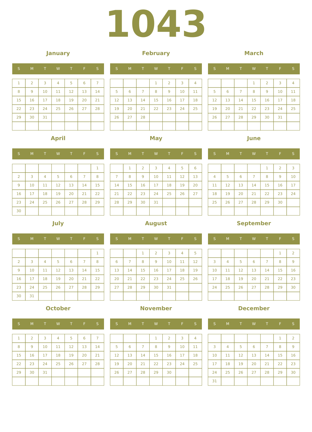 Printable 1043 Year Calendars eburnean