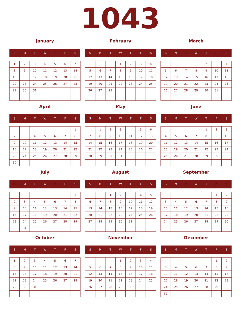 Printable 1043 Year Calendars falu