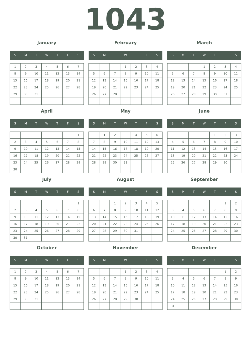 Printable 1043 Year Calendars feldgrau