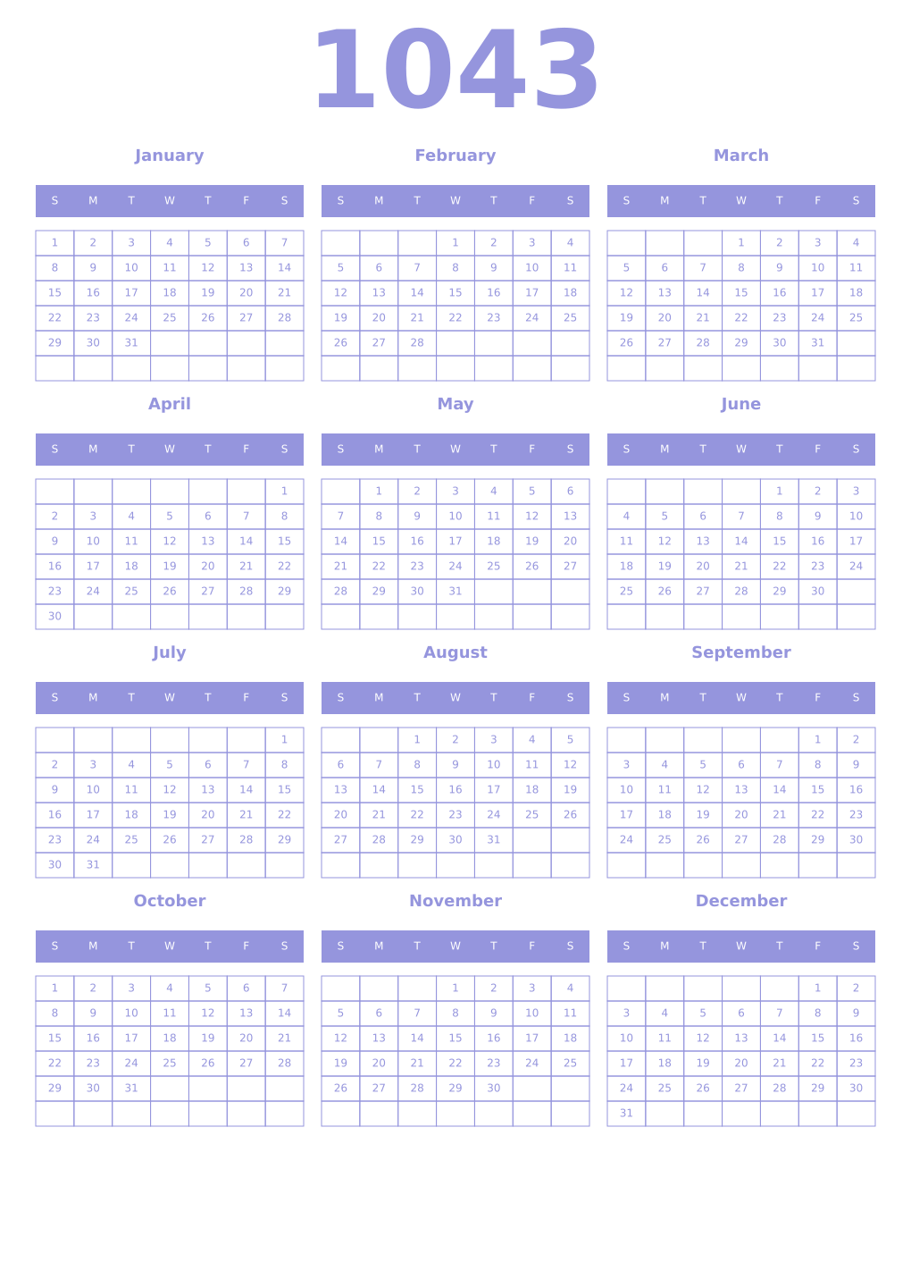 Printable 1043 Year Calendars periwinkle