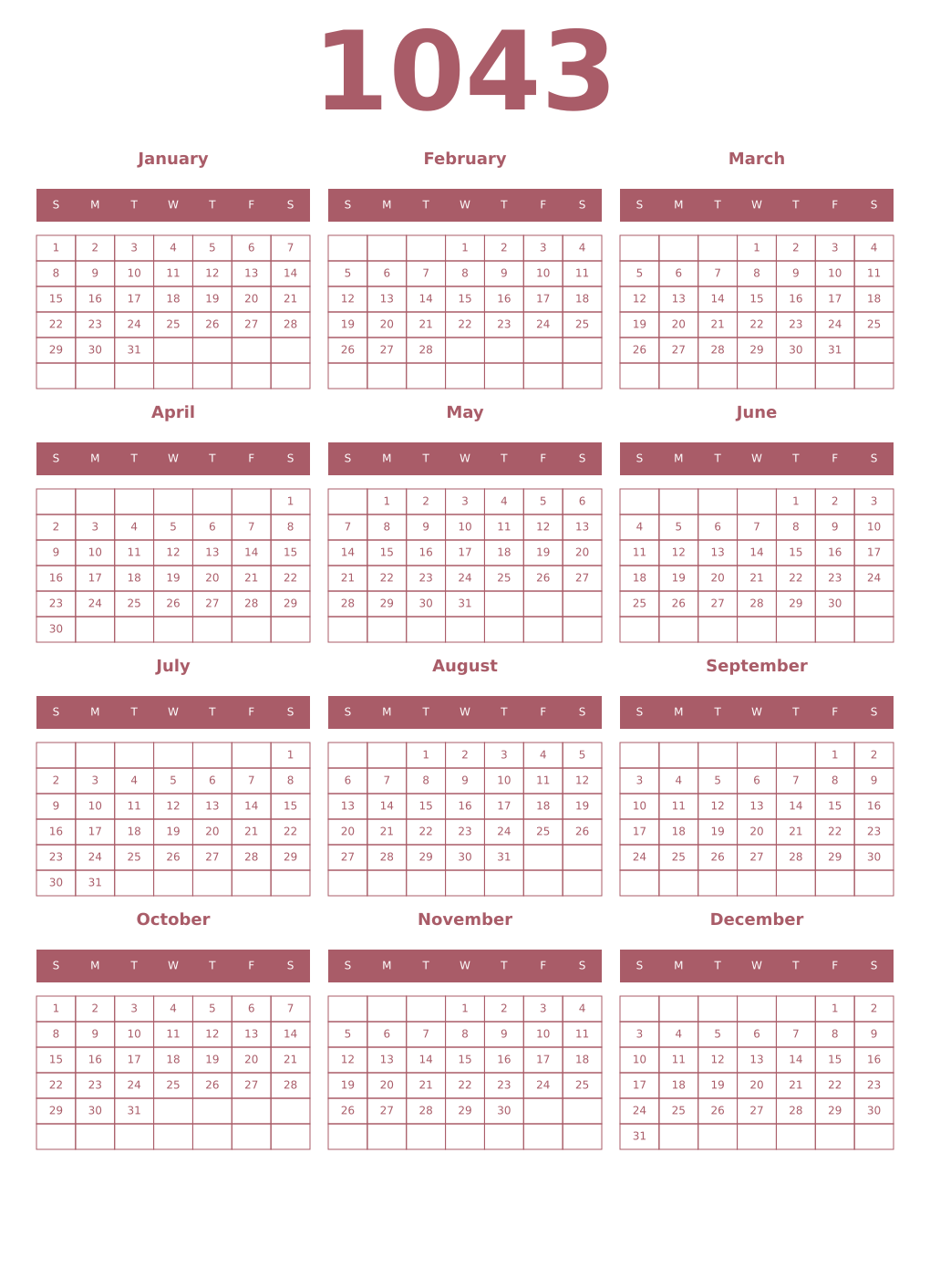 Printable 1043 Year Calendars puce