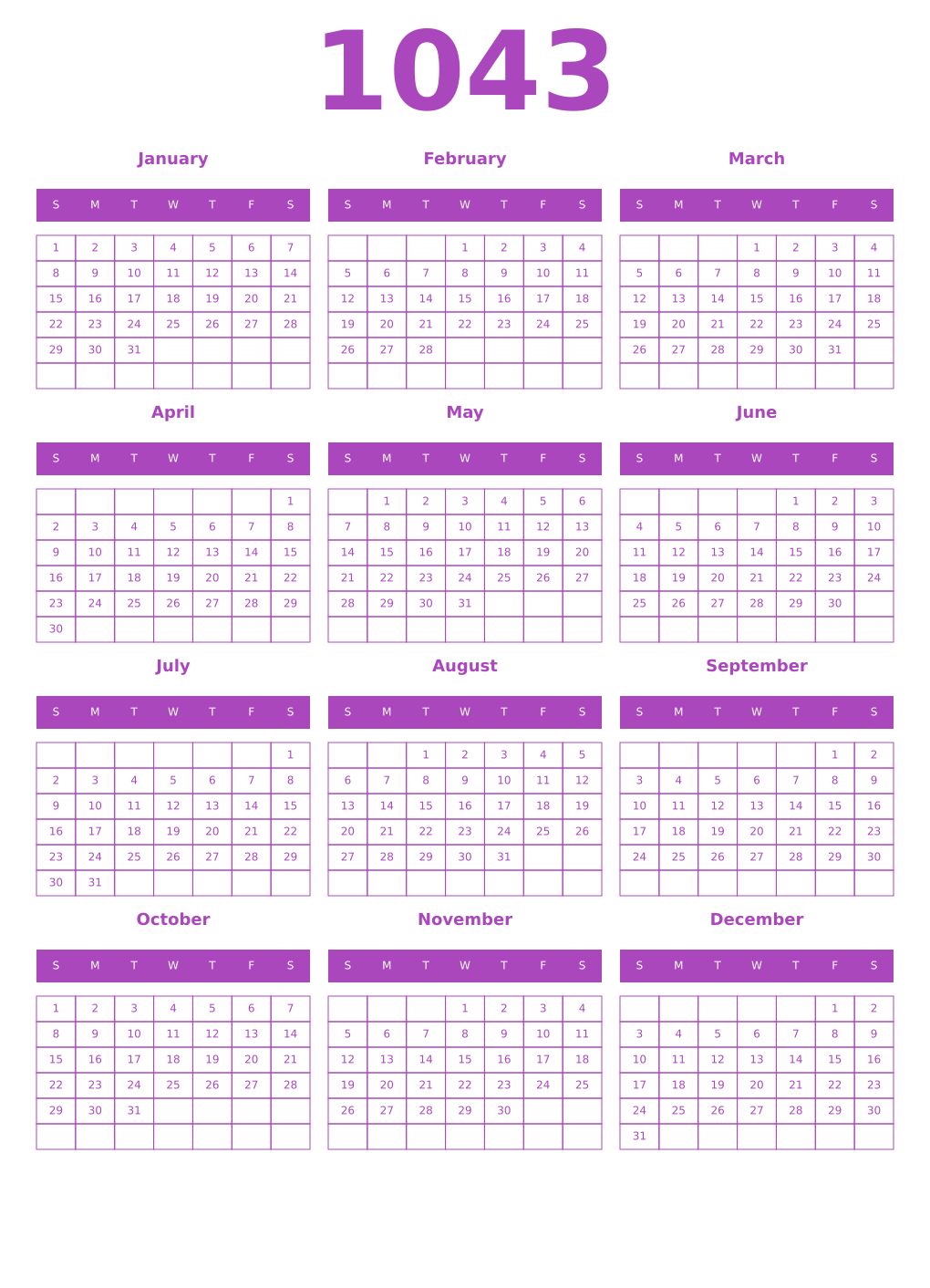 Printable 1043 Year Calendars purple