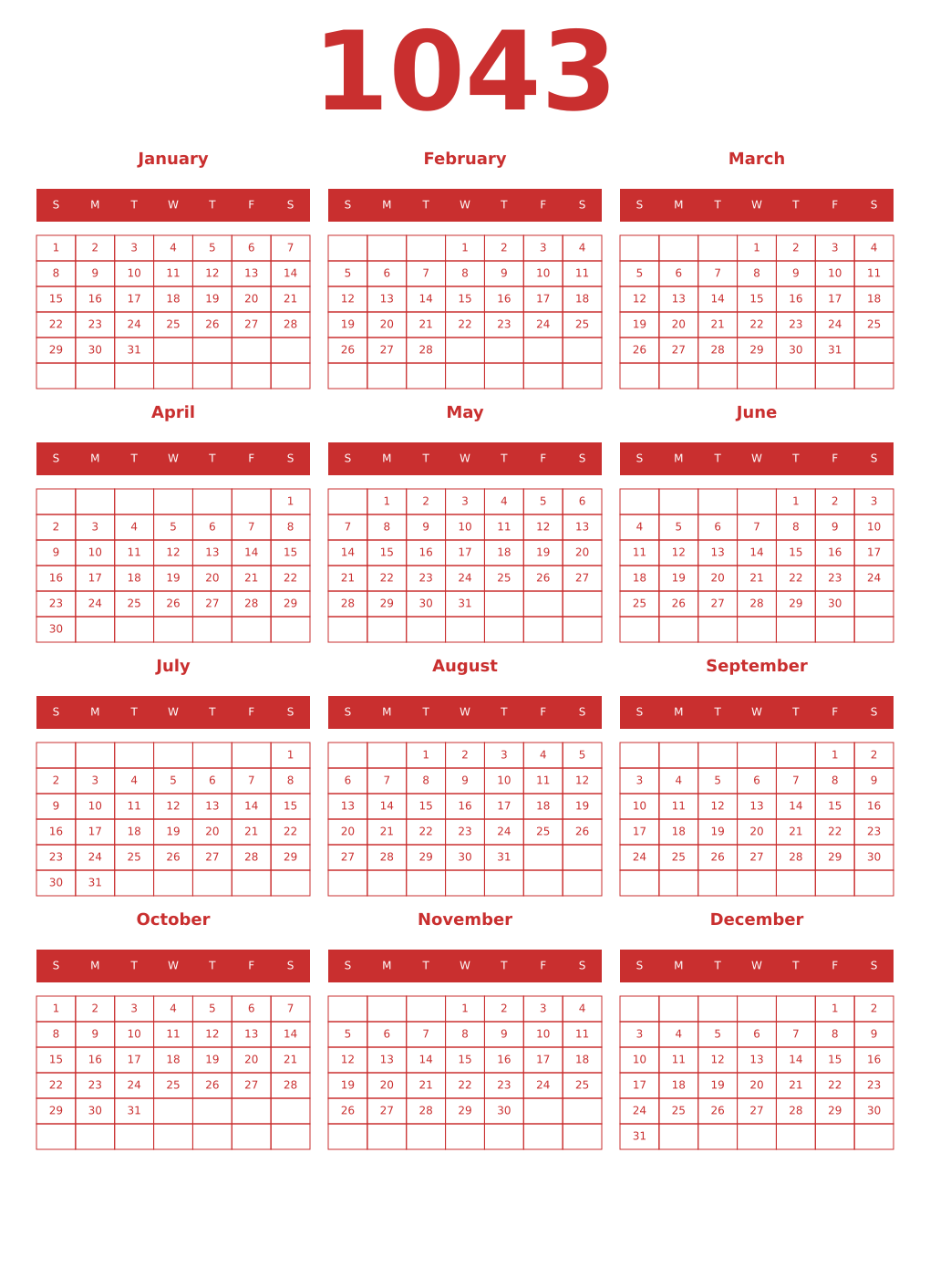 Printable 1043 Year Calendars red