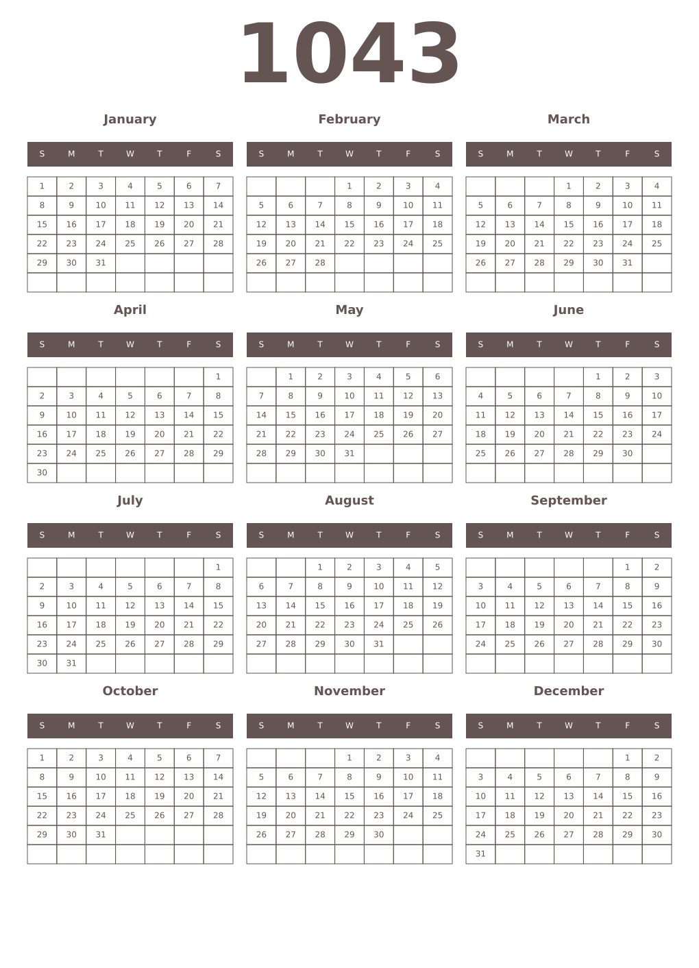 Printable 1043 Year Calendars wenge