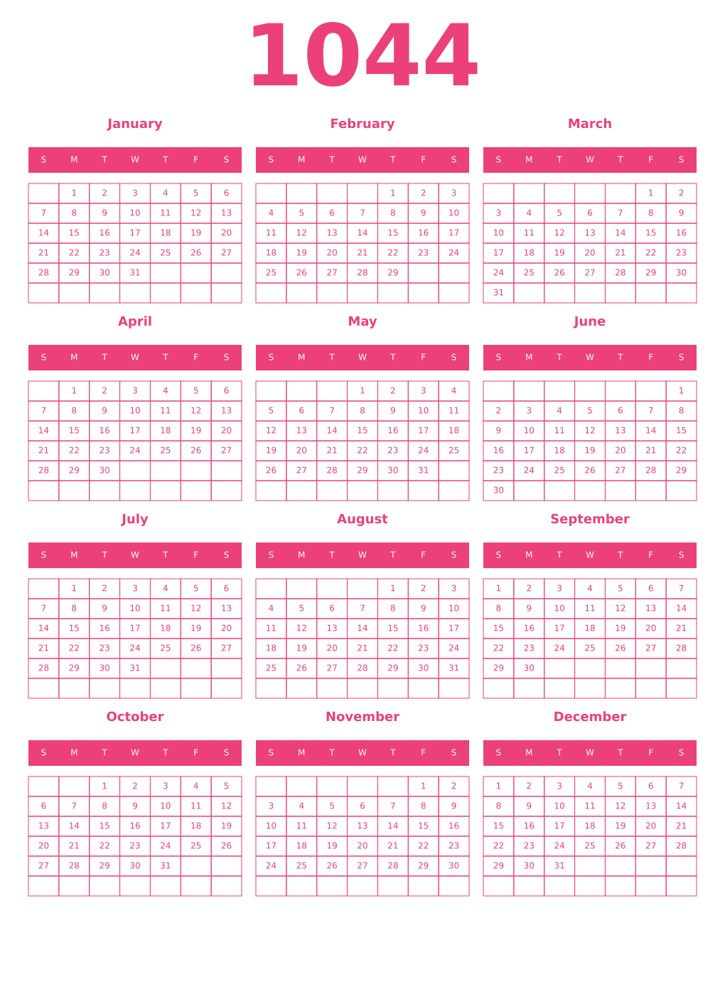 Printable 1044 Year Calendars pink
