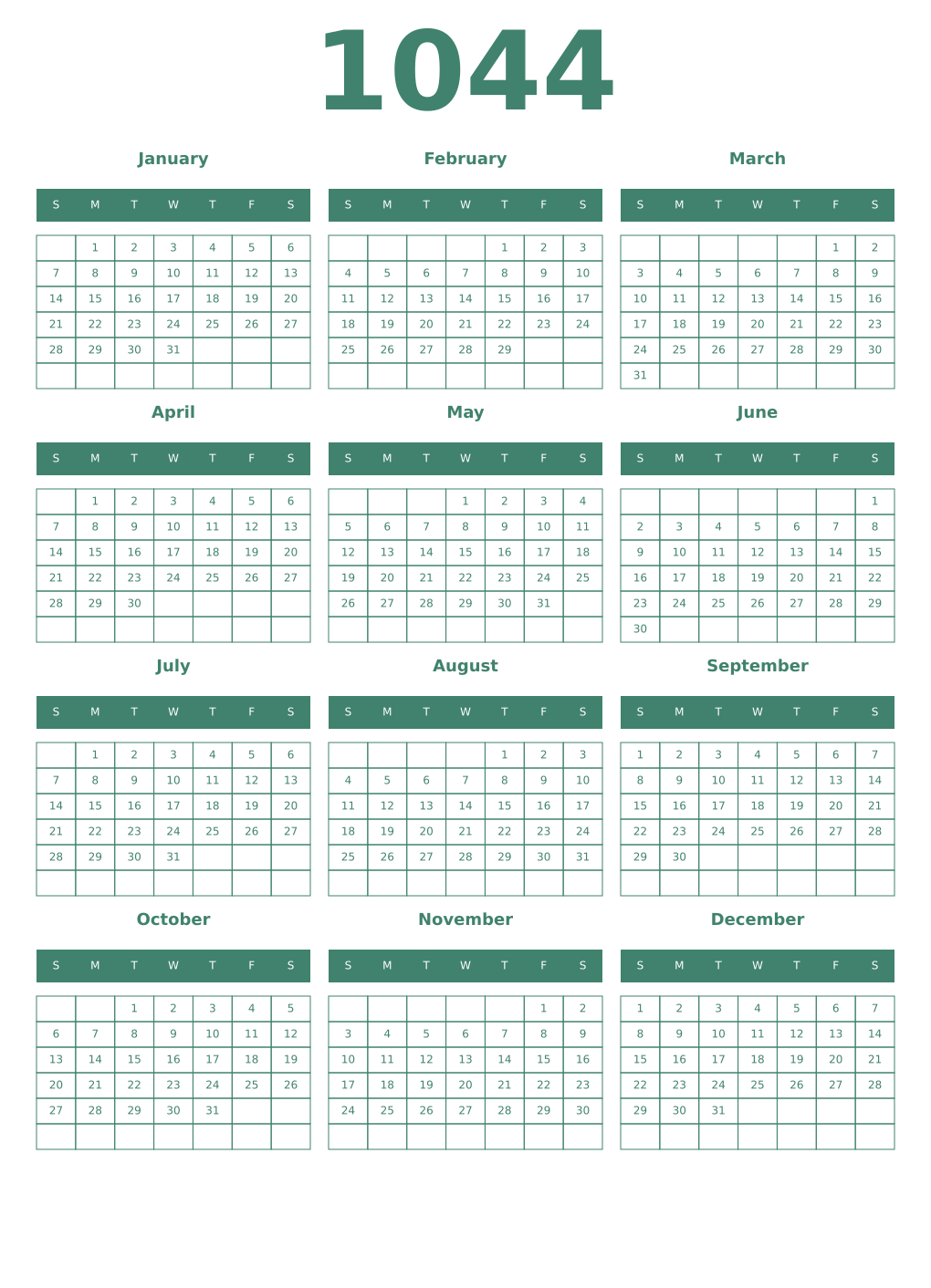 Printable 1044 Year Calendars viridian