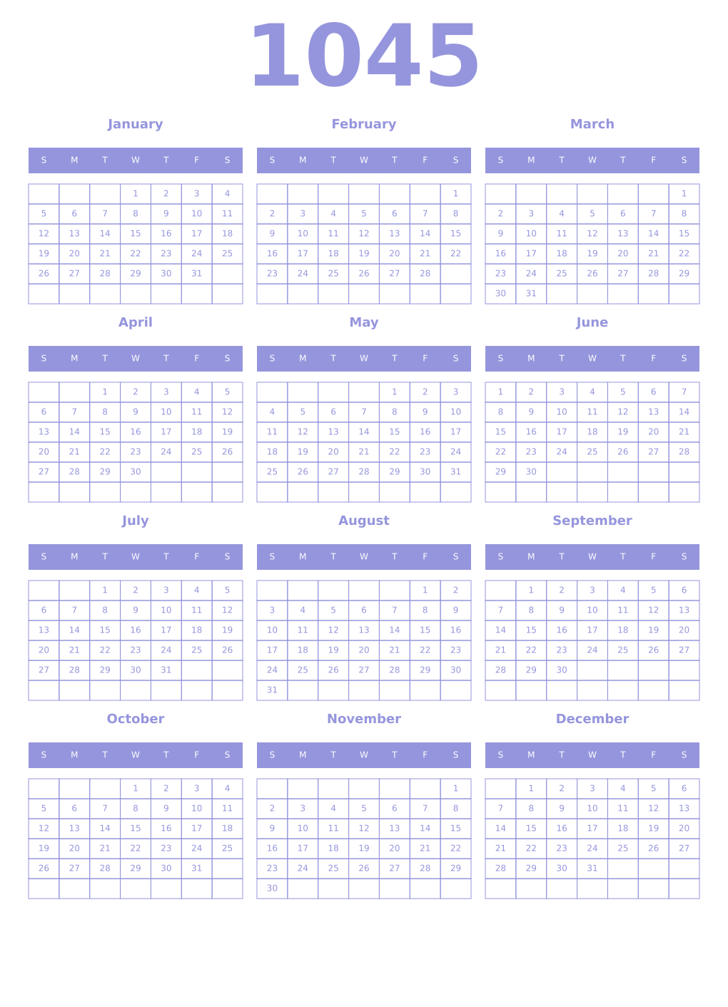Printable 1045 Year Calendars periwinkle