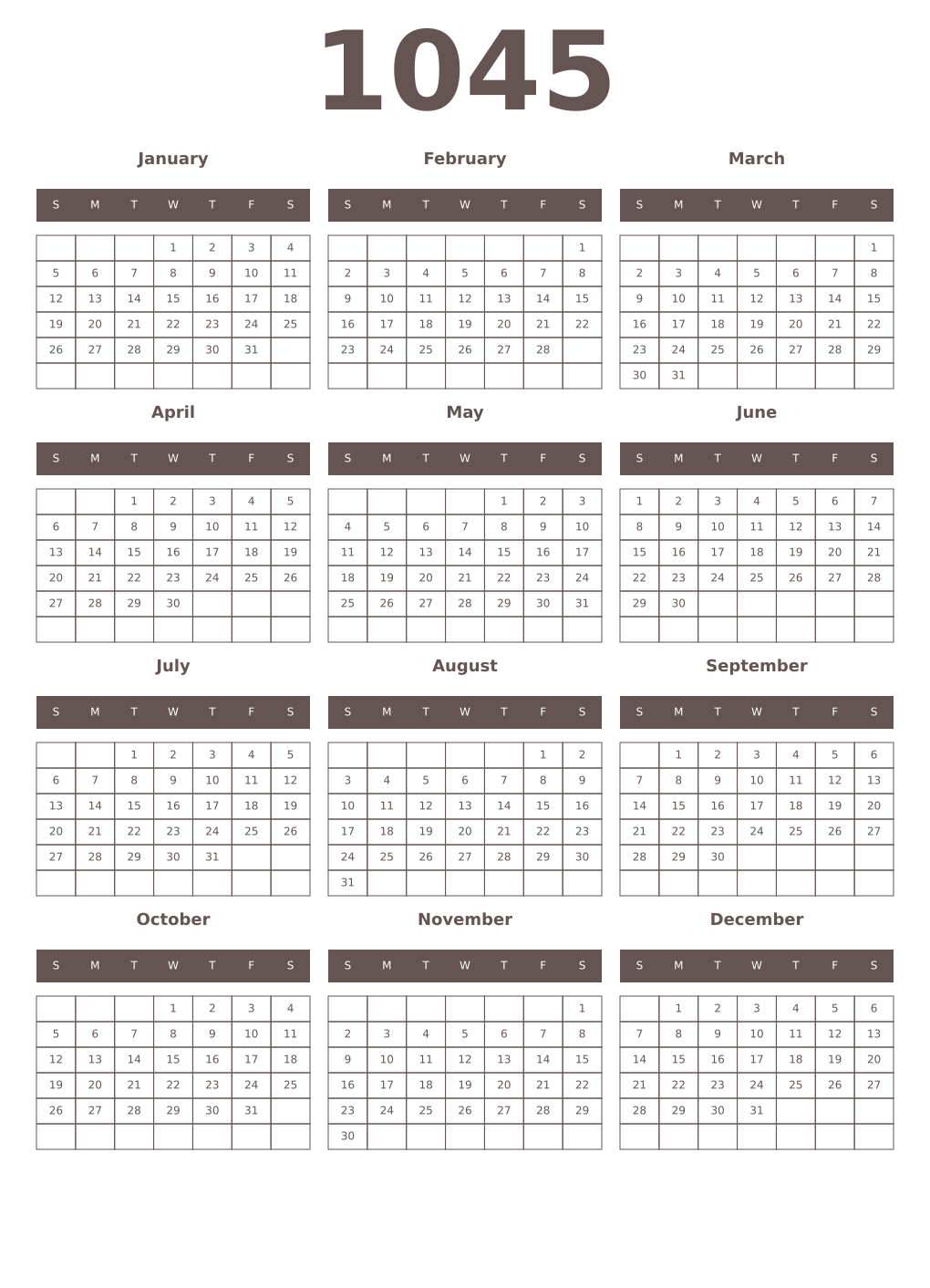Printable 1045 Year Calendars wenge
