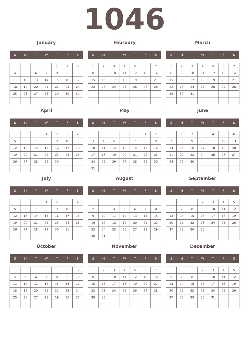 Printable 1046 Year Calendars wenge