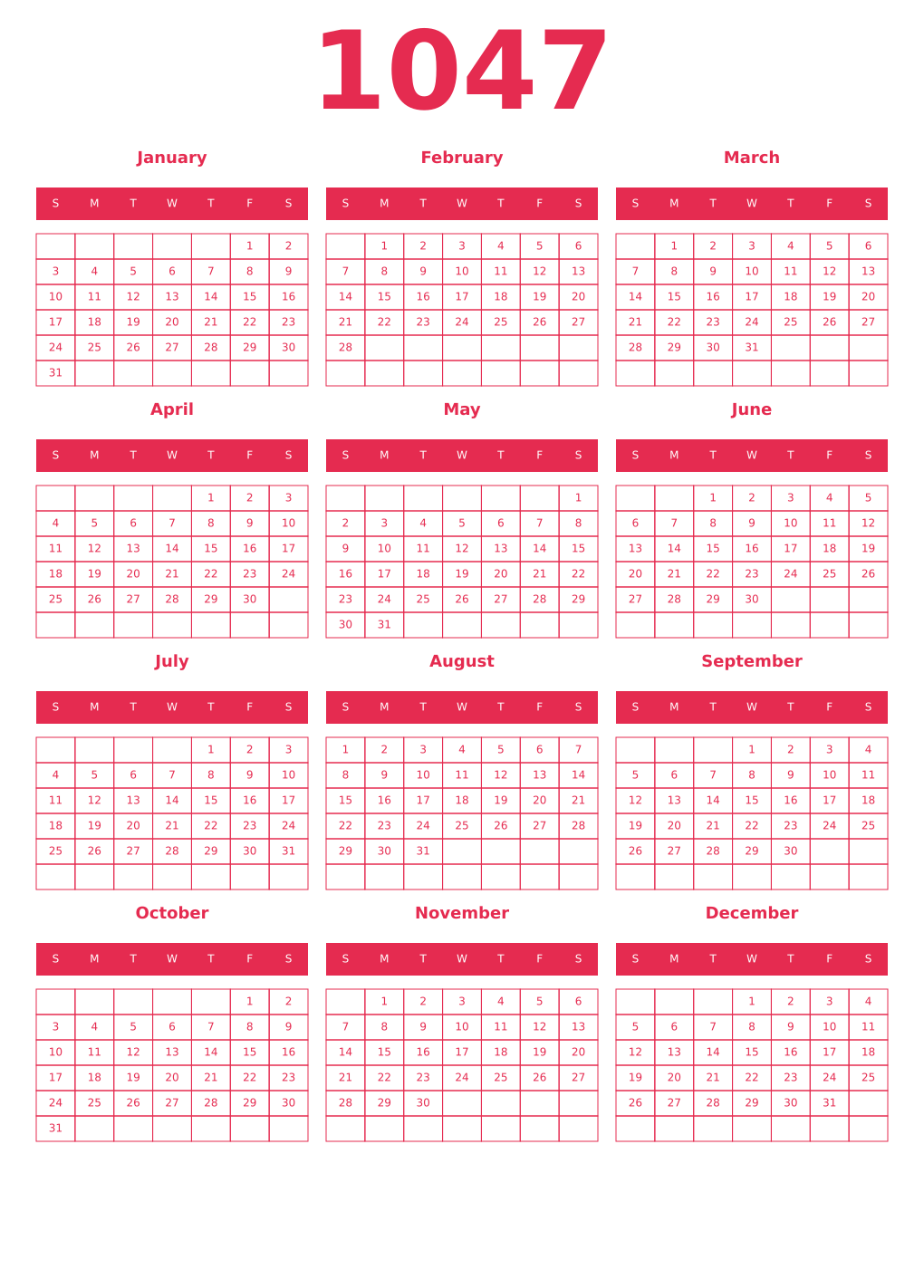 Printable 1047 Year Calendars amaranth