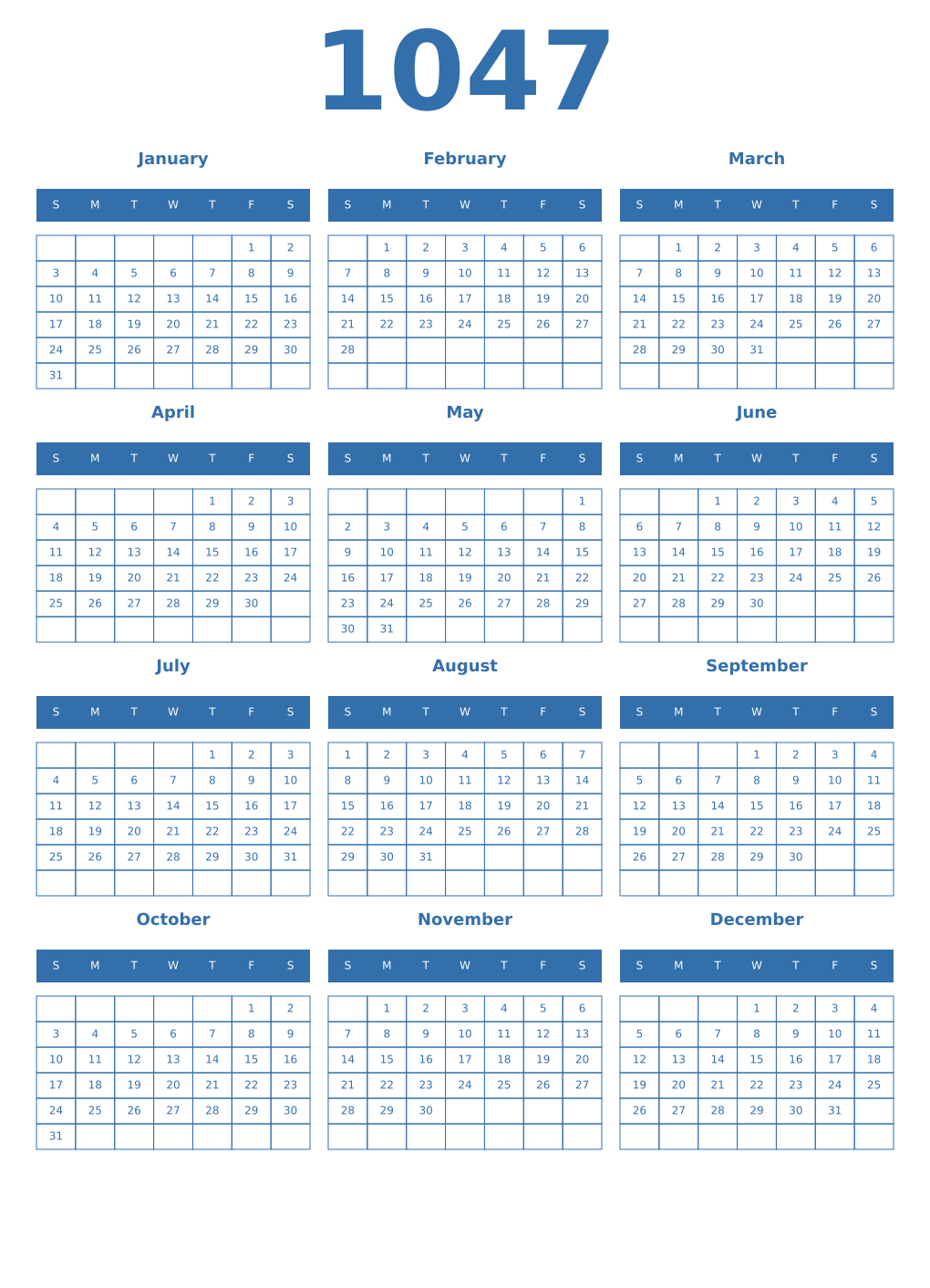 Printable 1047 Year Calendars blue