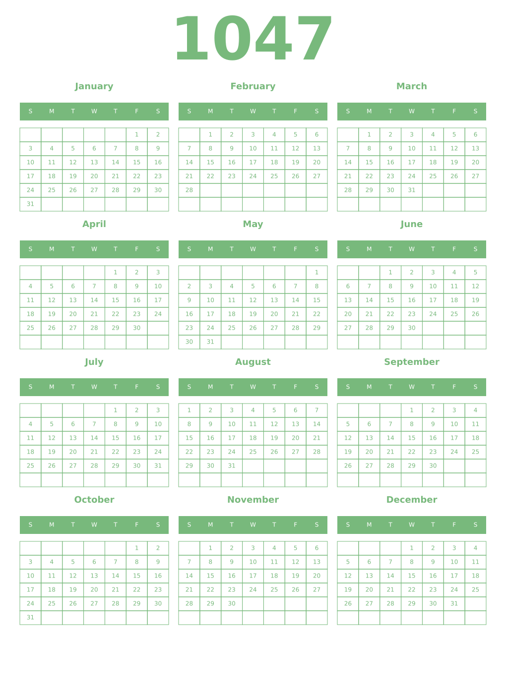 Printable 1047 Year Calendars celadon