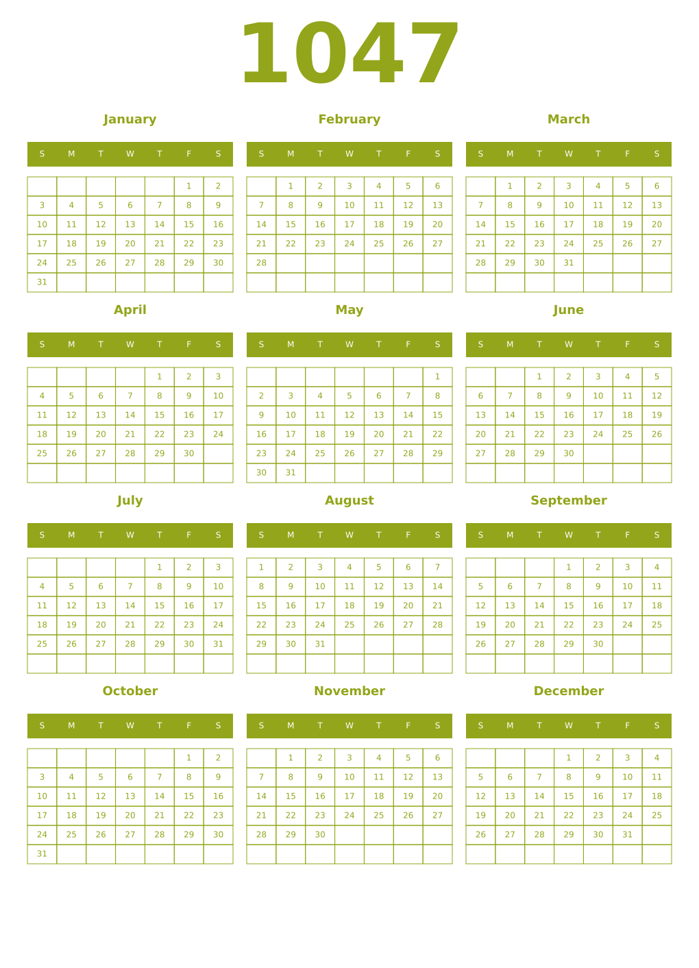 Printable 1047 Year Calendars chartreuse