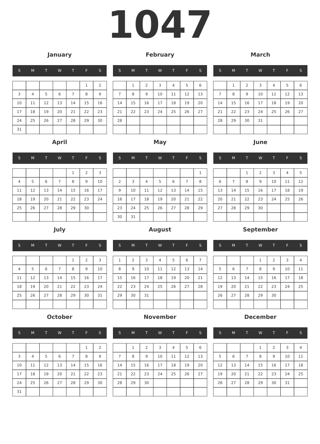 Printable 1047 Year Calendars dark