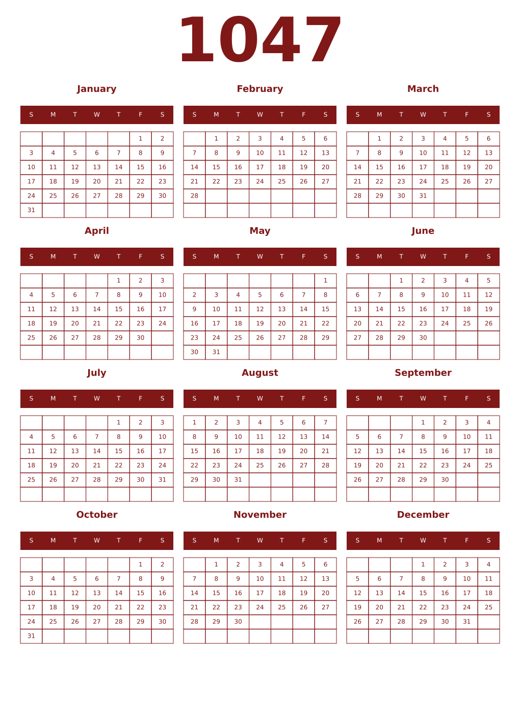 Printable 1047 Year Calendars falu