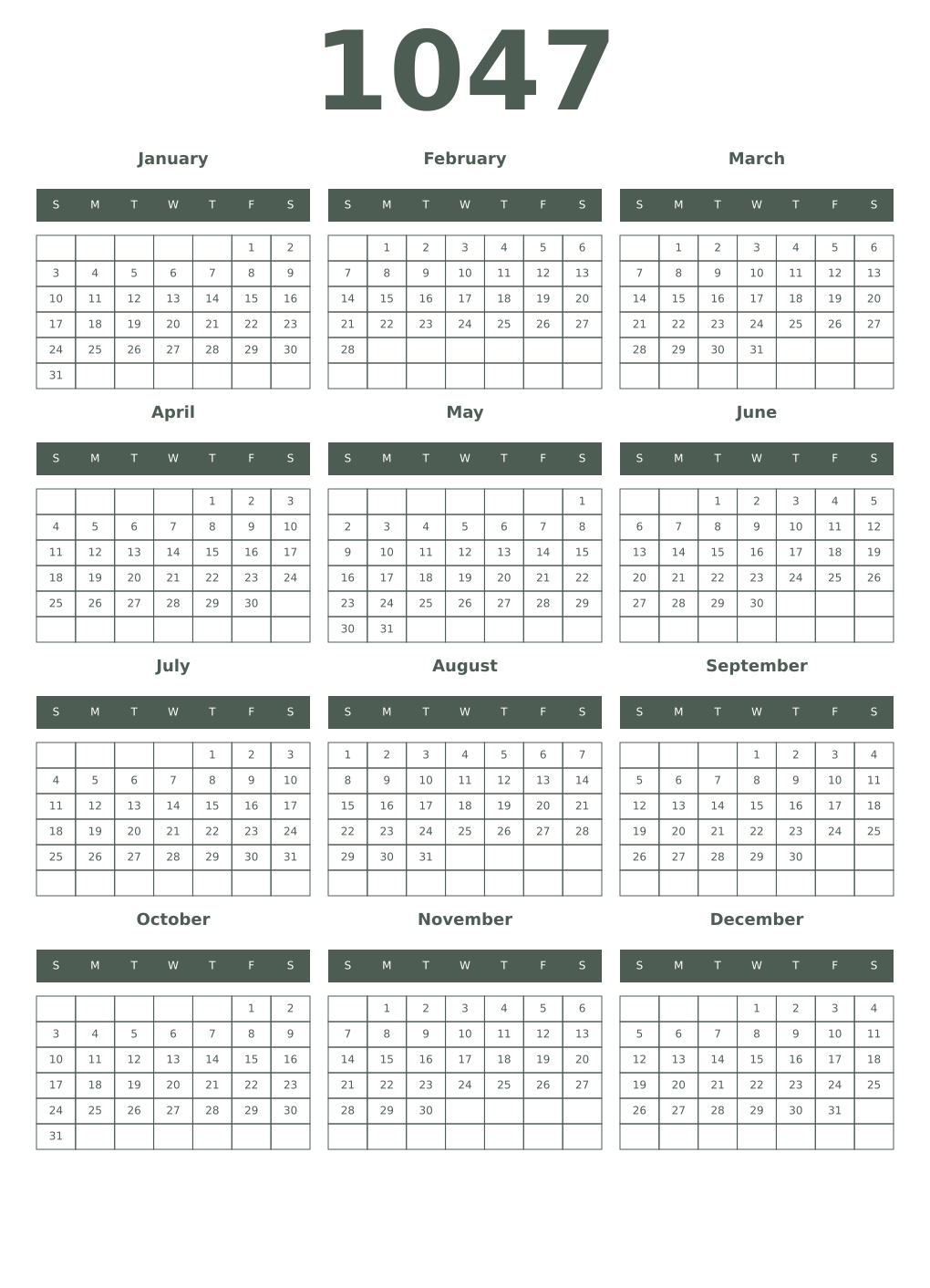Printable 1047 Year Calendars feldgrau