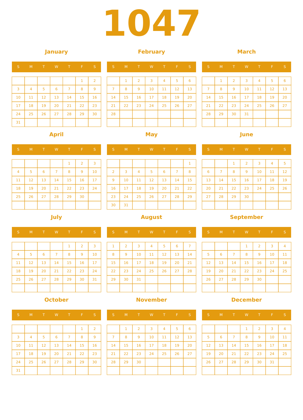Printable 1047 Year Calendars gamboge