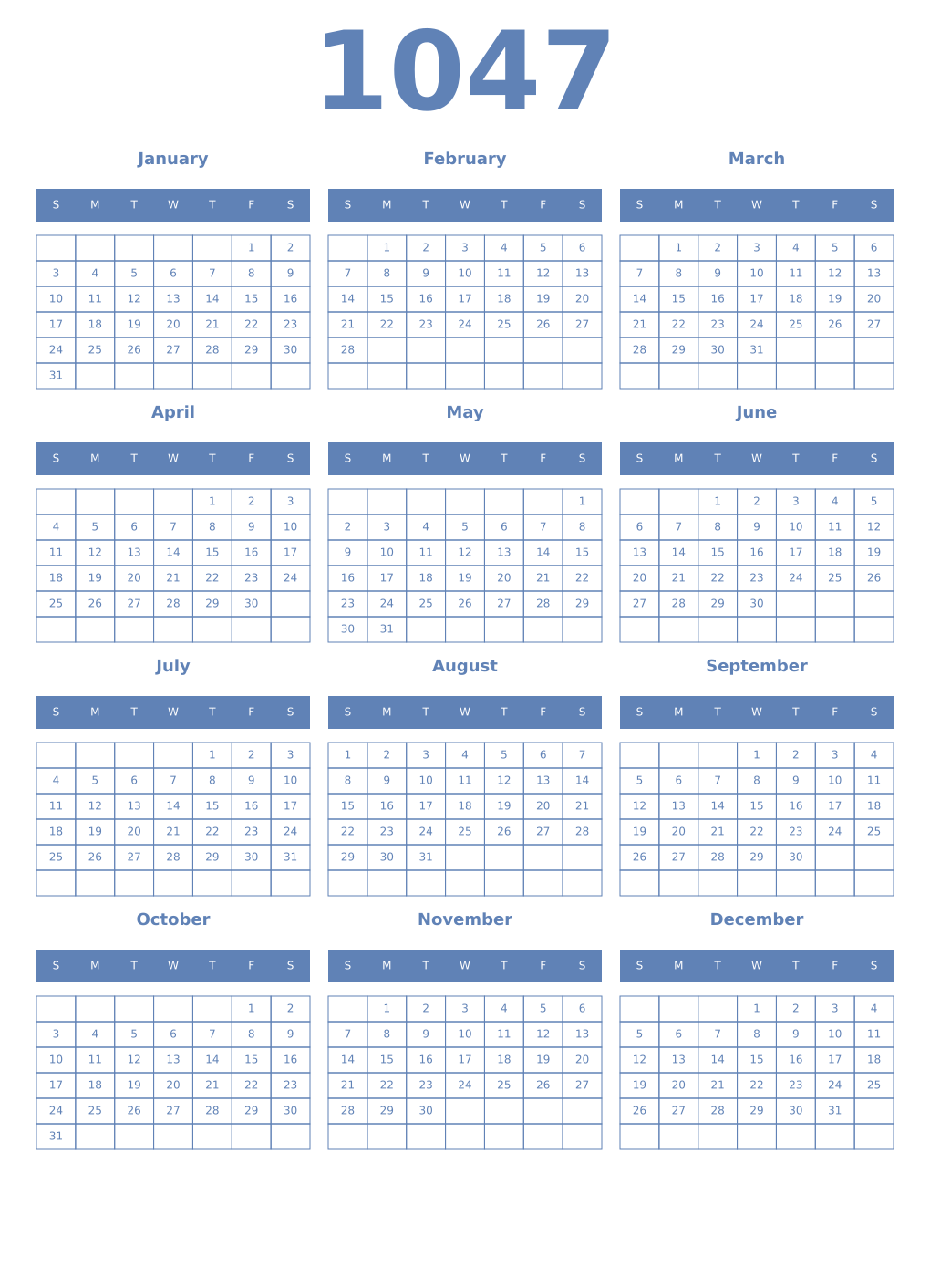 Printable 1047 Year Calendars glaucous