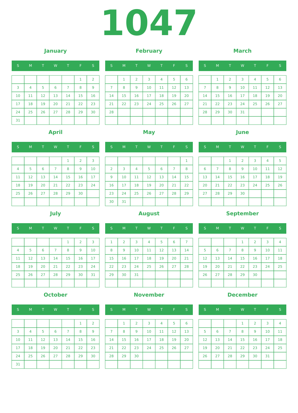 Printable 1047 Year Calendars green