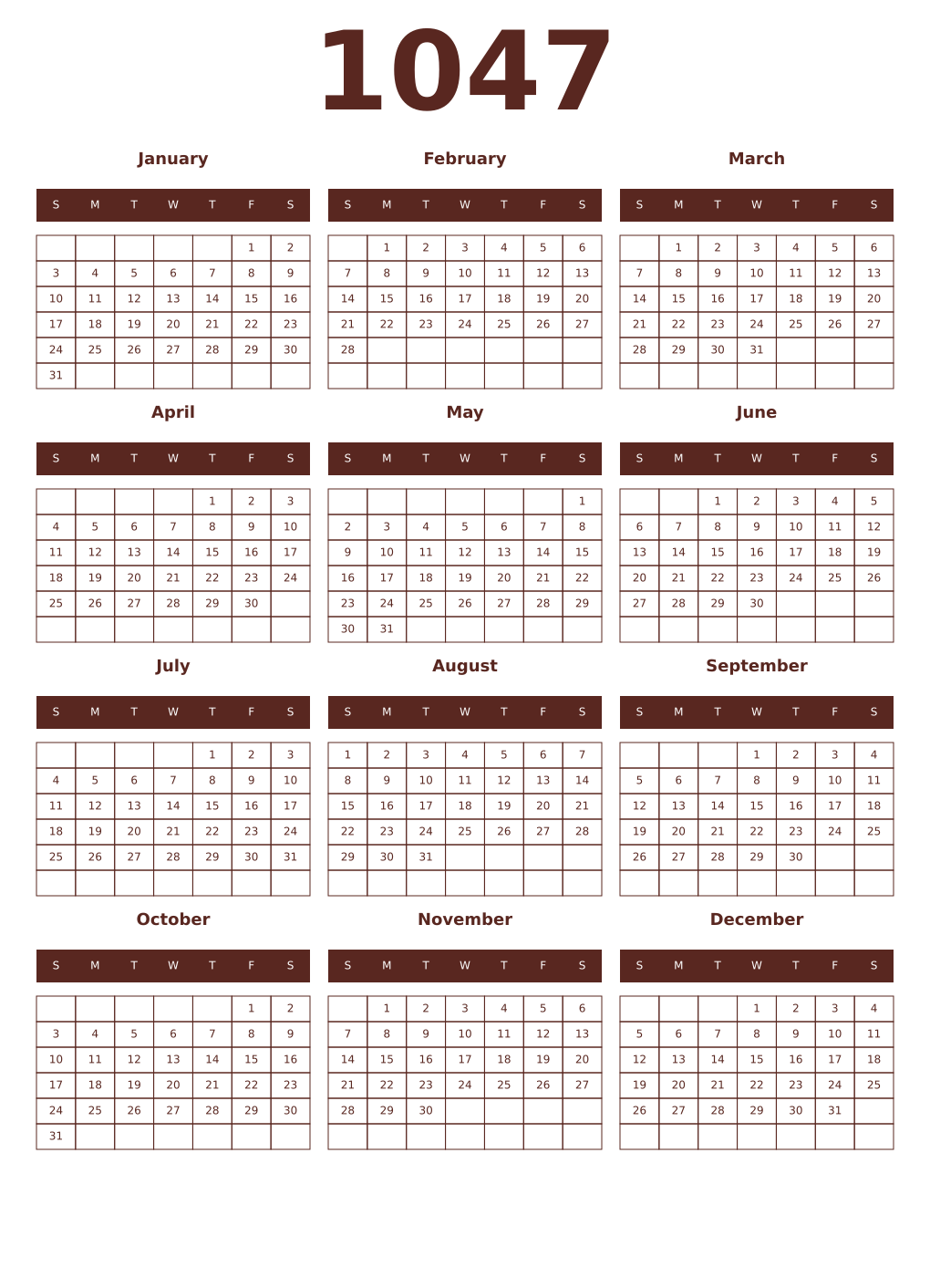 Printable 1047 Year Calendars mortuum