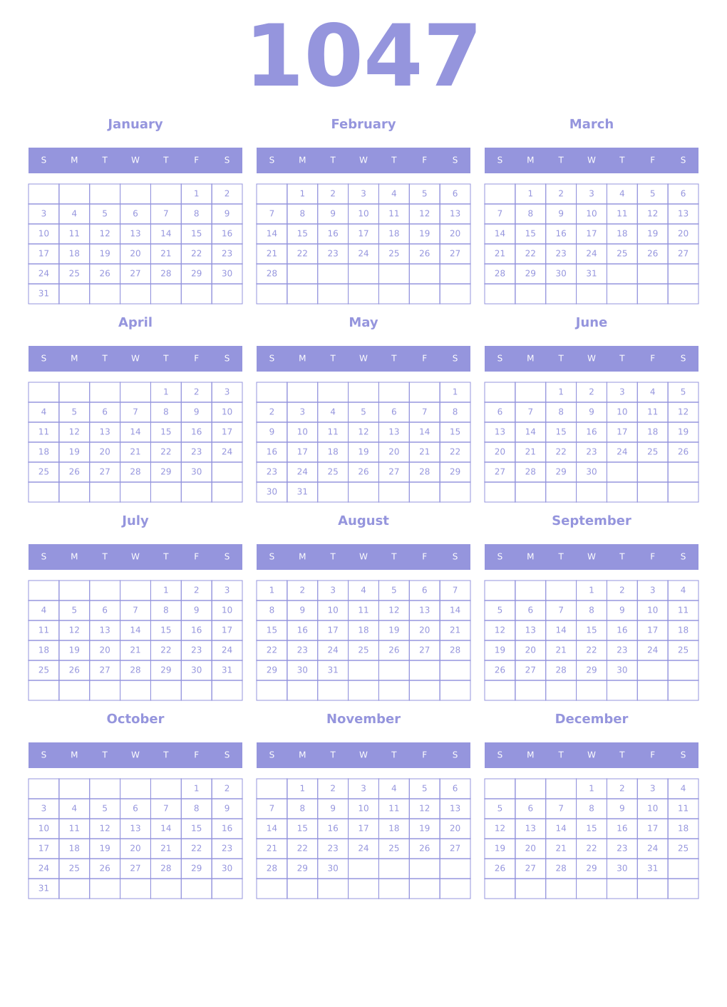 Printable 1047 Year Calendars periwinkle