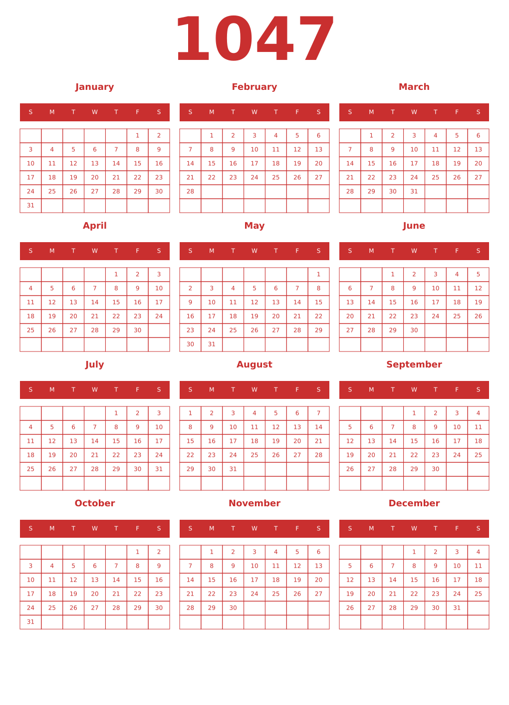 Printable 1047 Year Calendars red