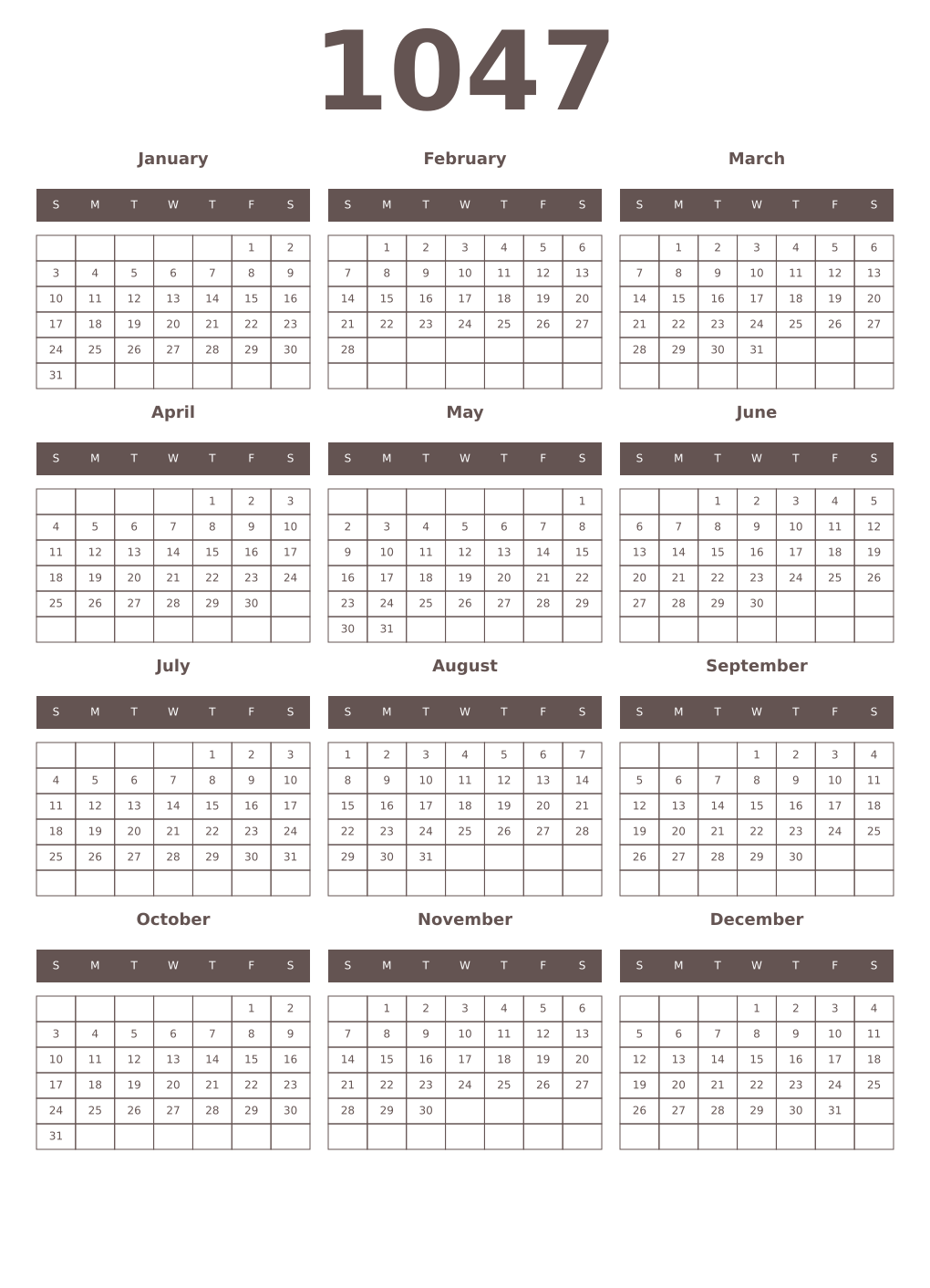 Printable 1047 Year Calendars wenge