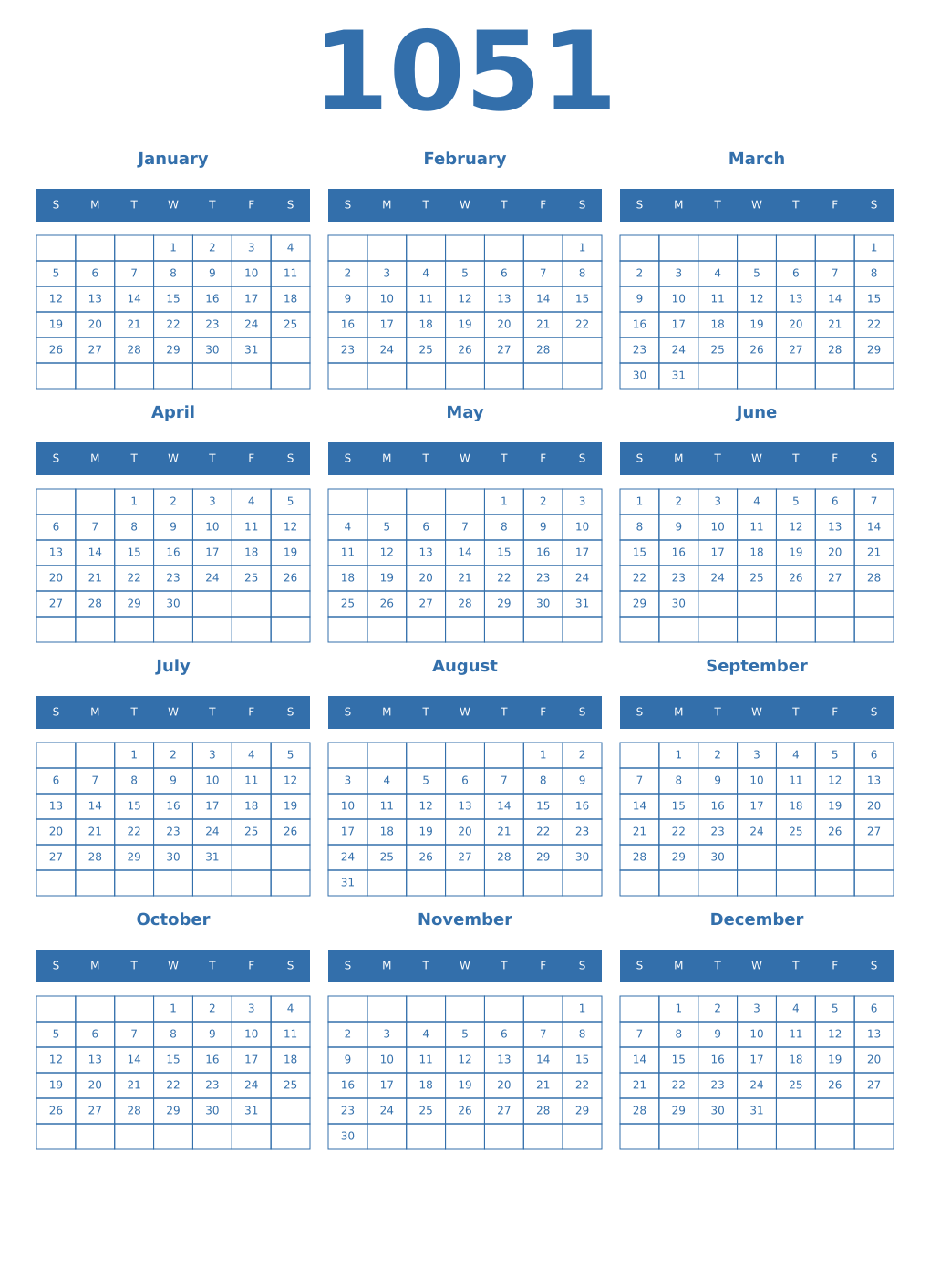 Printable 1051 Year Calendars blue