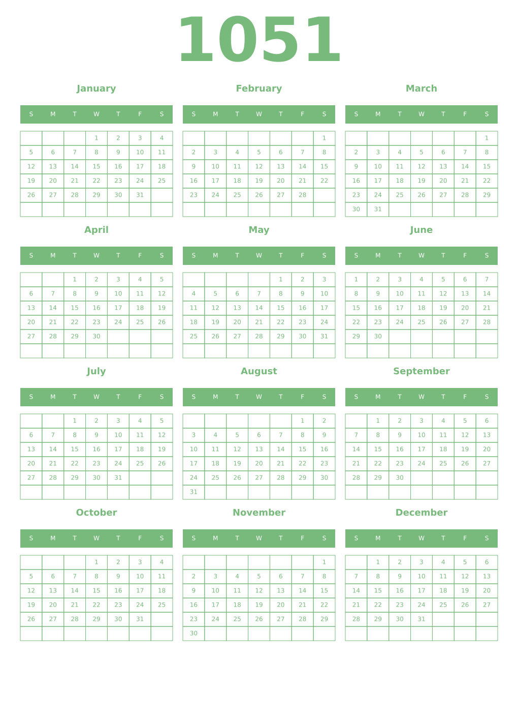 Printable 1051 Year Calendars celadon