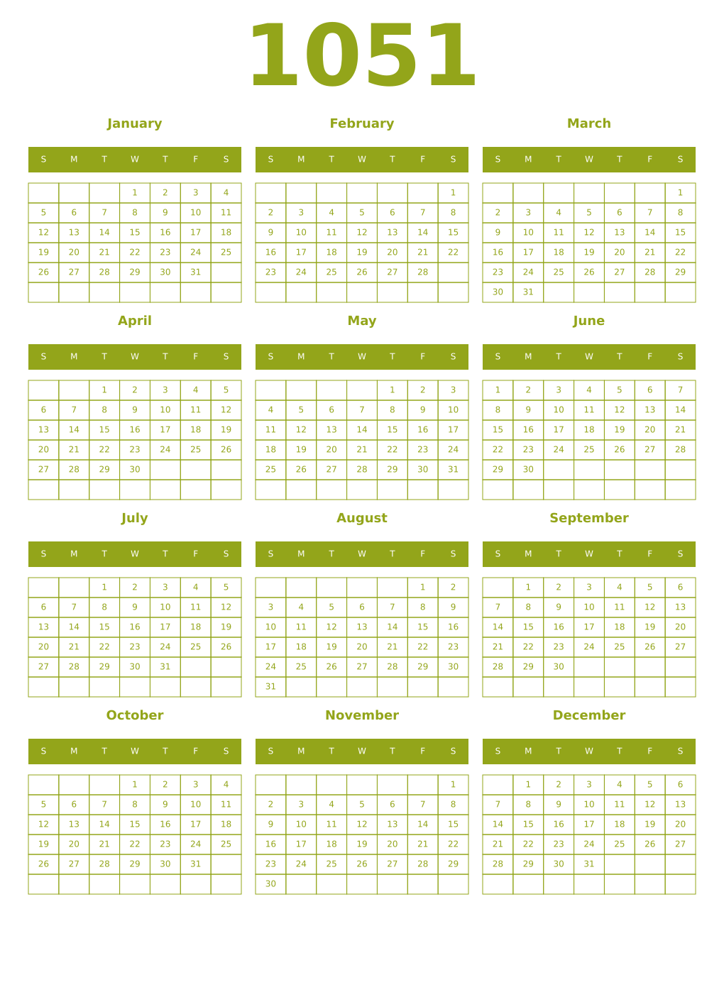 Printable 1051 Year Calendars chartreuse
