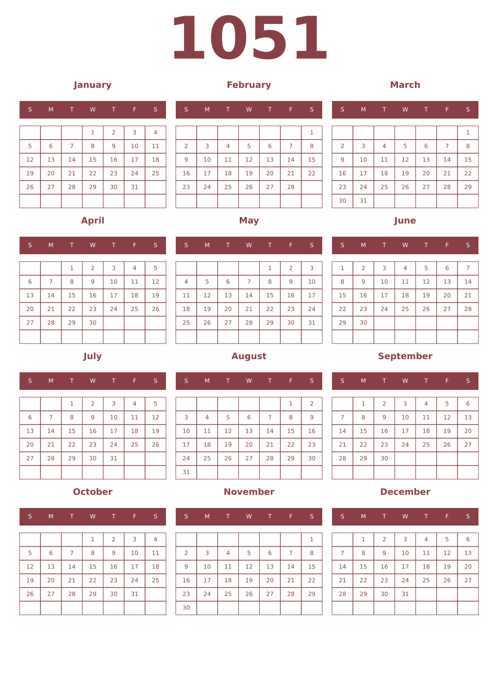 Printable 1051 Year Calendars cordovan