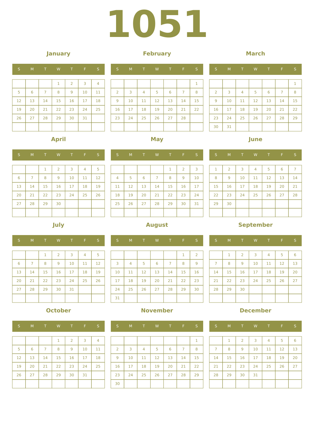 Printable 1051 Year Calendars eburnean