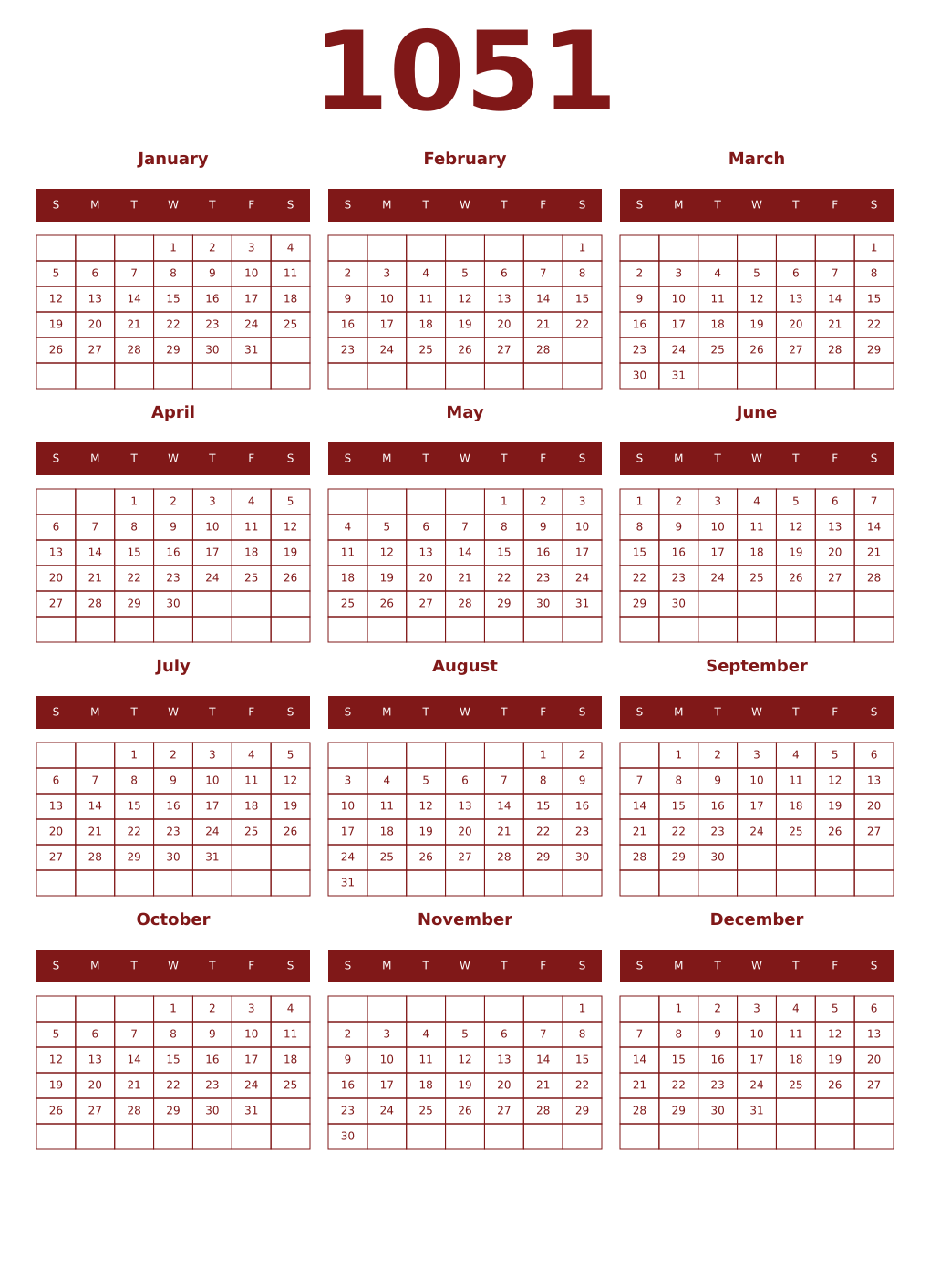 Printable 1051 Year Calendars falu