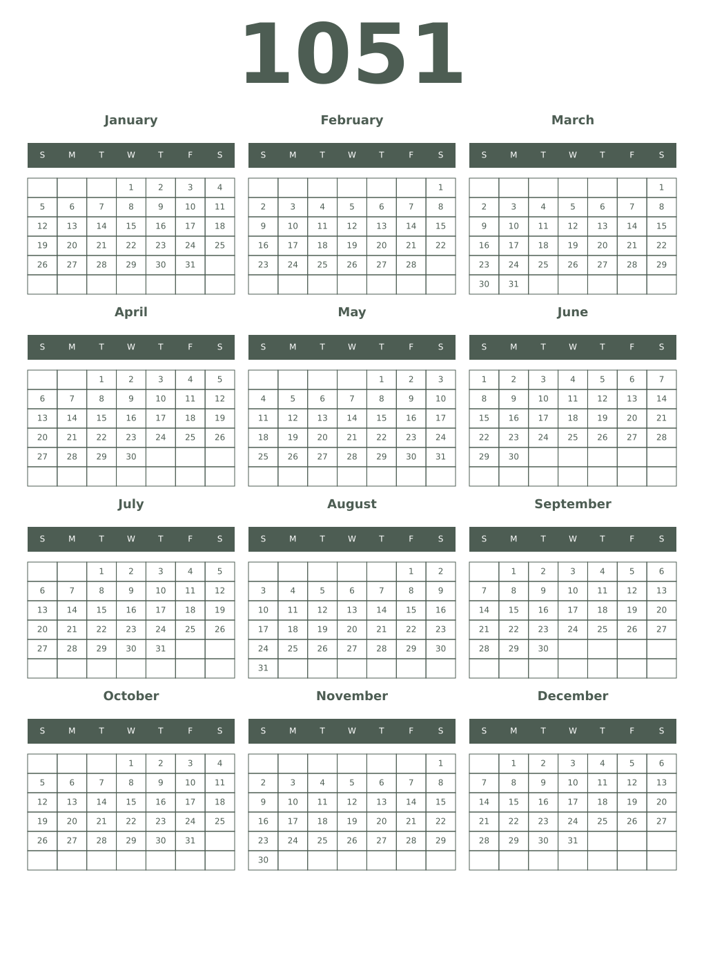 Printable 1051 Year Calendars feldgrau