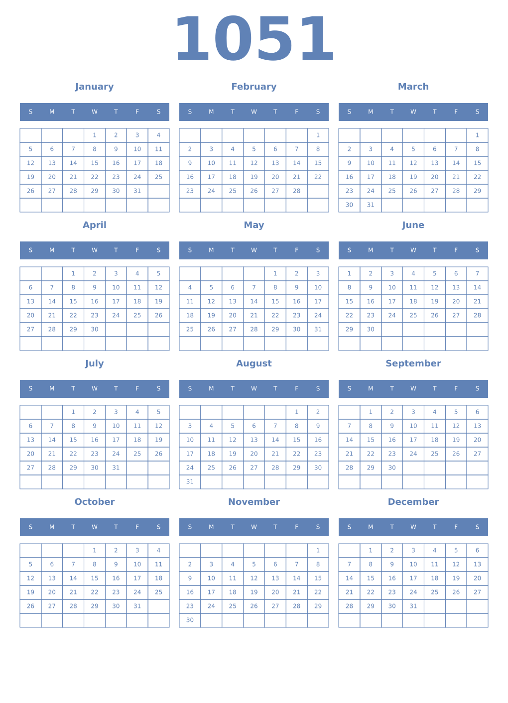 Printable 1051 Year Calendars glaucous