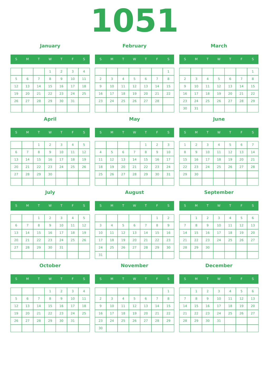 Printable 1051 Year Calendars green