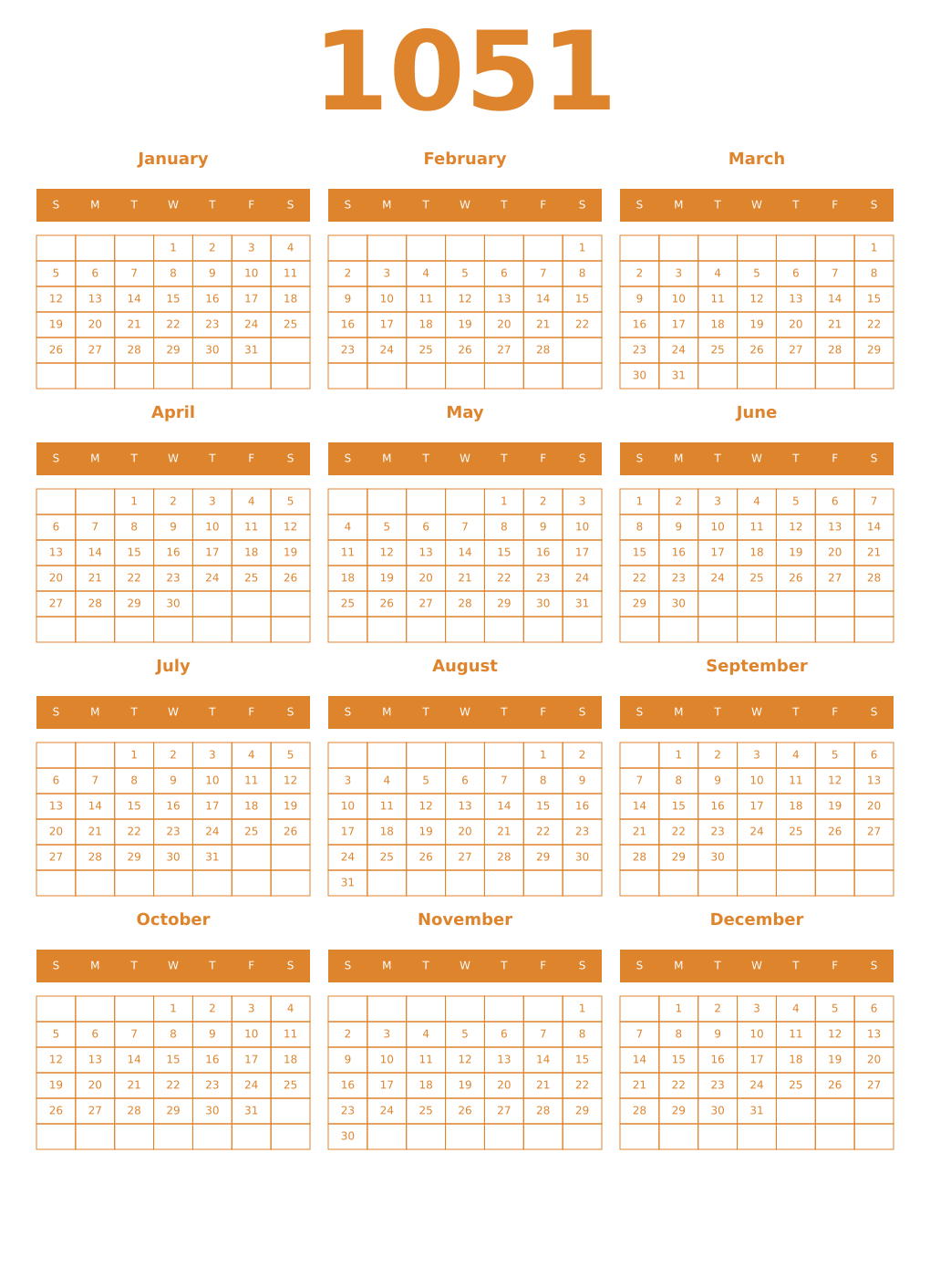 Printable 1051 Year Calendars orange