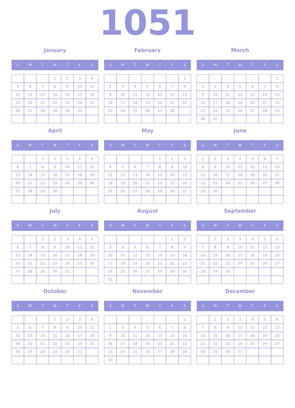 Printable 1051 Year Calendars periwinkle