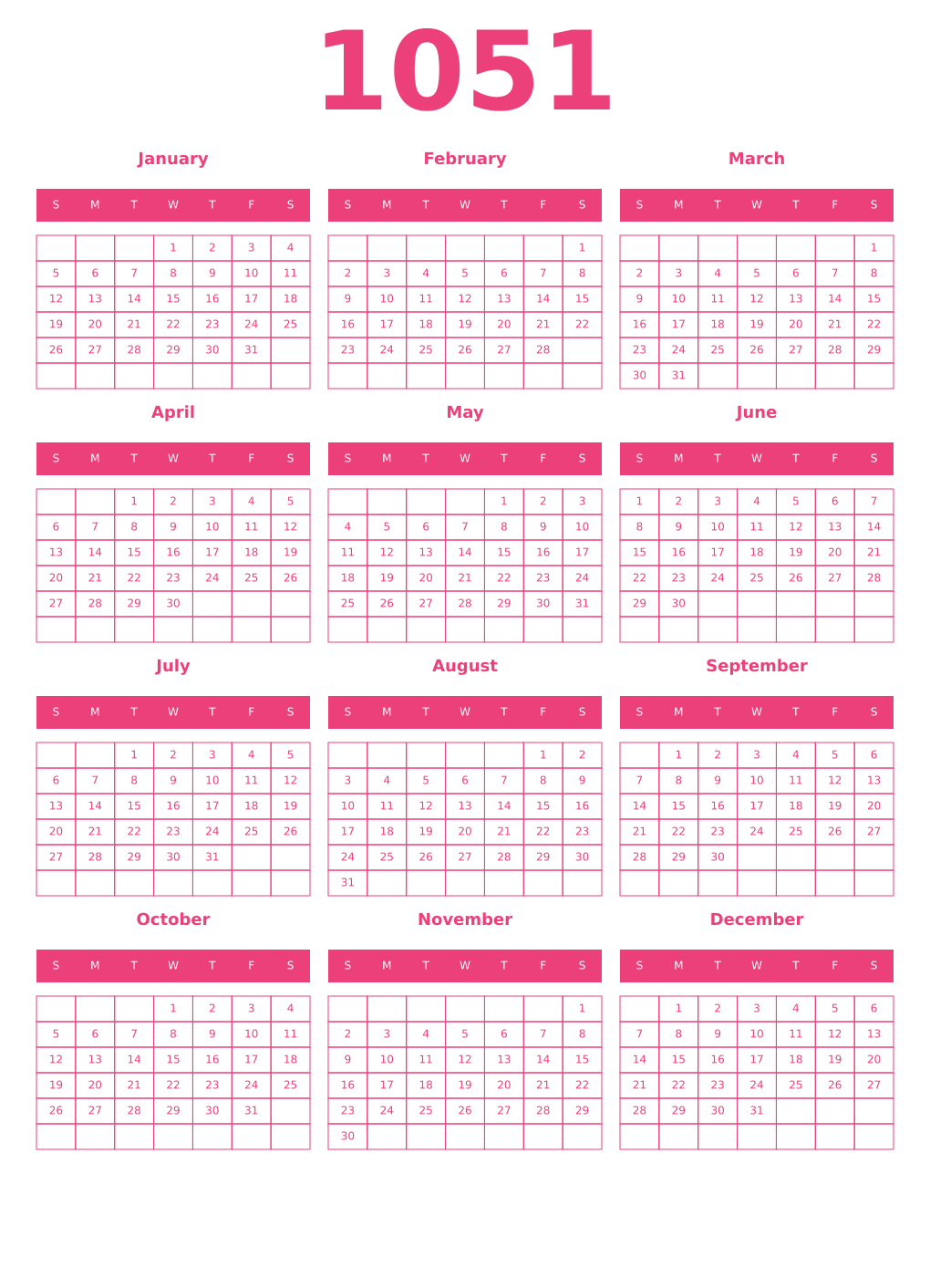 Printable 1051 Year Calendars pink