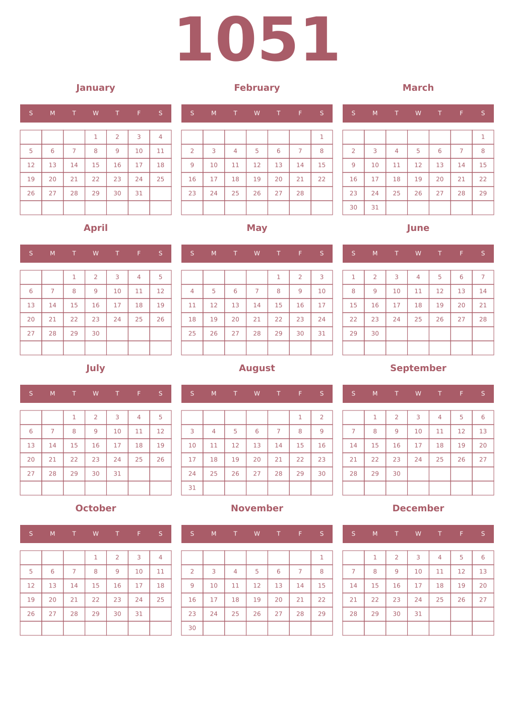 Printable 1051 Year Calendars puce