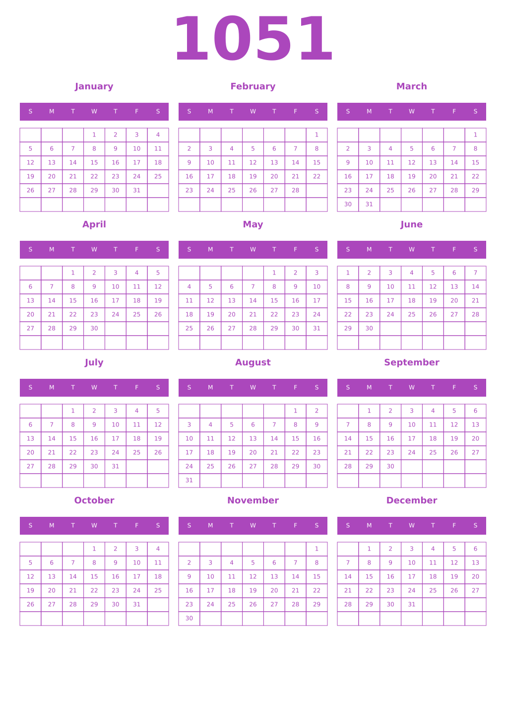 Printable 1051 Year Calendars purple