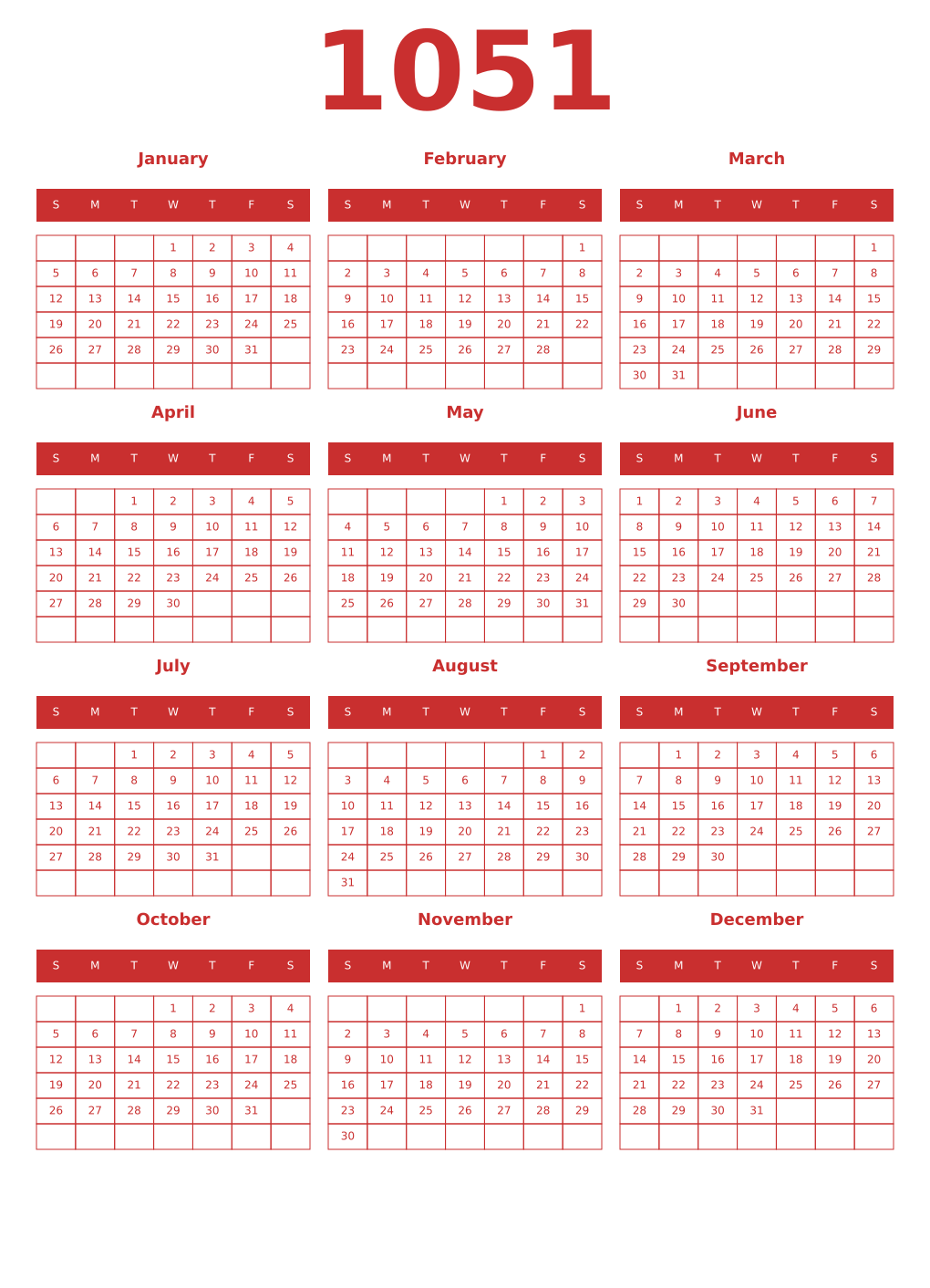 Printable 1051 Year Calendars red