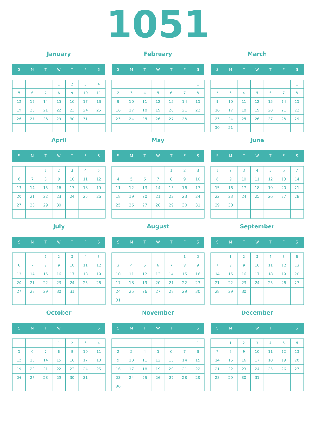 Printable 1051 Year Calendars verdigris