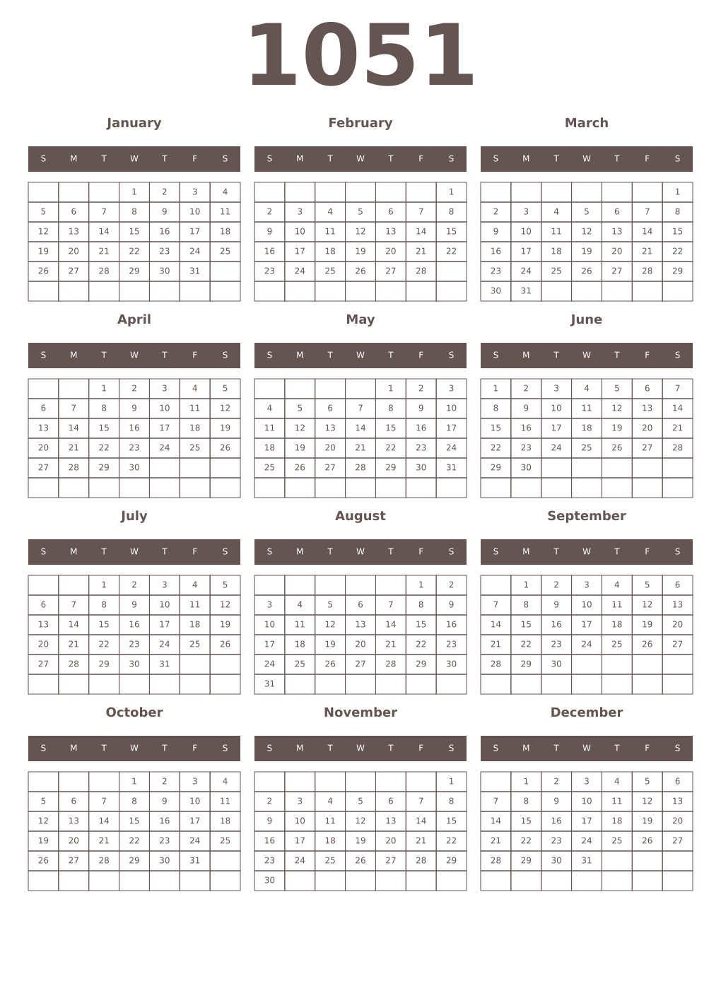 Printable 1051 Year Calendars wenge