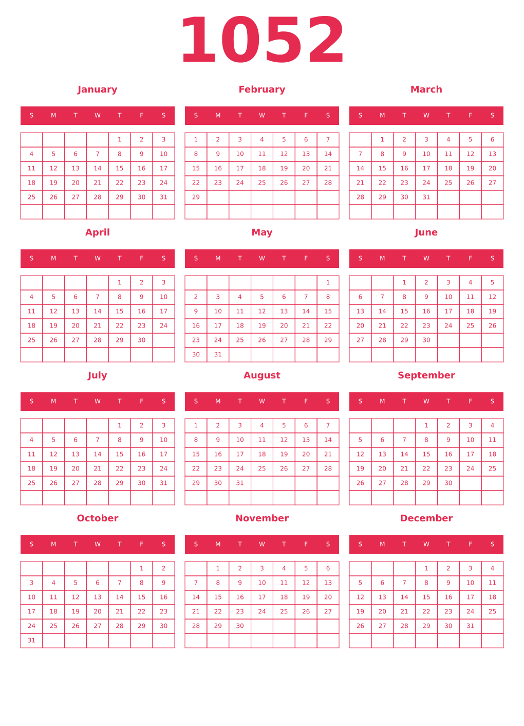 Printable 1052 Year Calendars amaranth