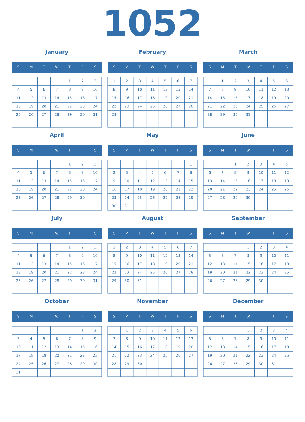 Printable 1052 Year Calendars blue