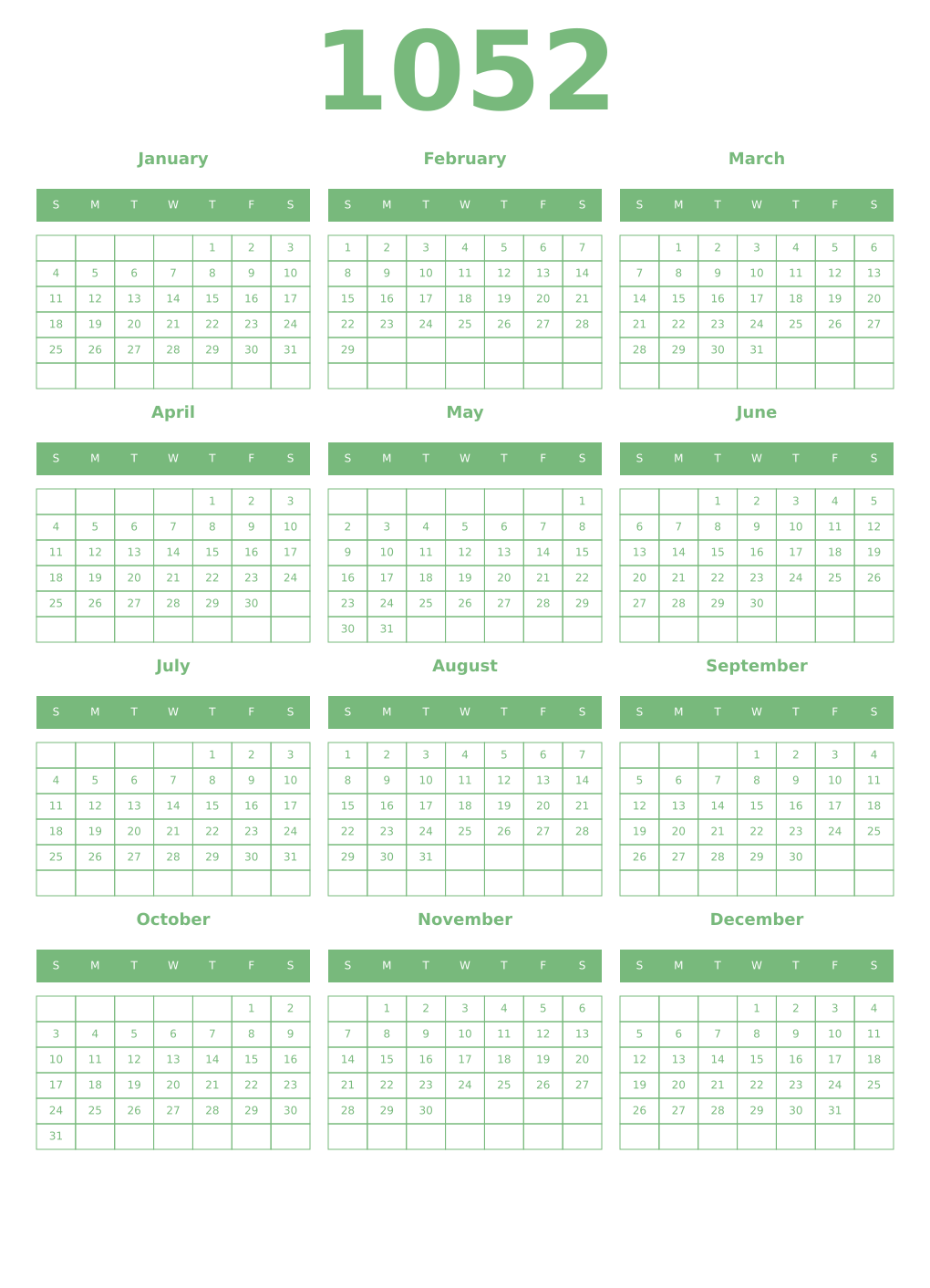 Printable 1052 Year Calendars celadon