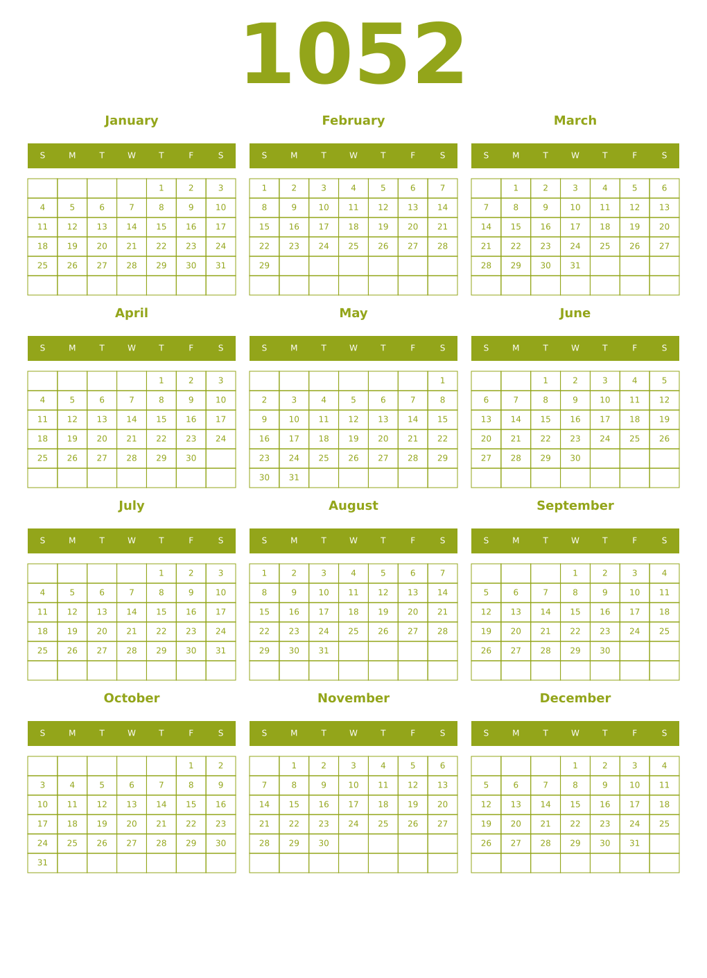 Printable 1052 Year Calendars chartreuse