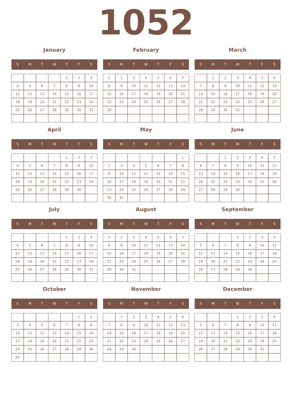 Printable 1052 Year Calendars coffe